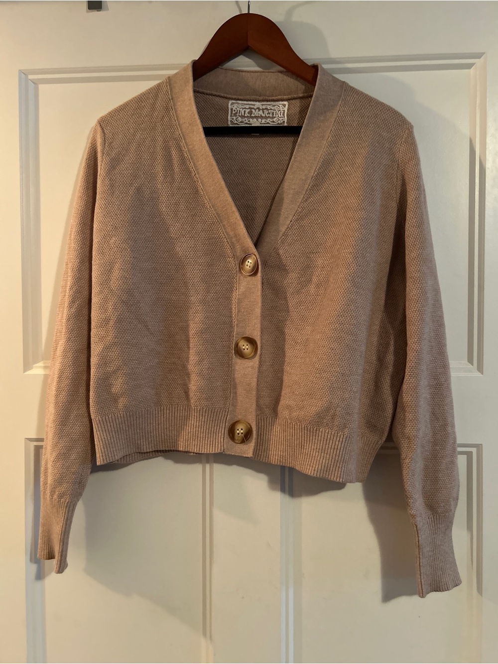 Pink Martini Women's Light Beige Cropped Button-Front Cardigan